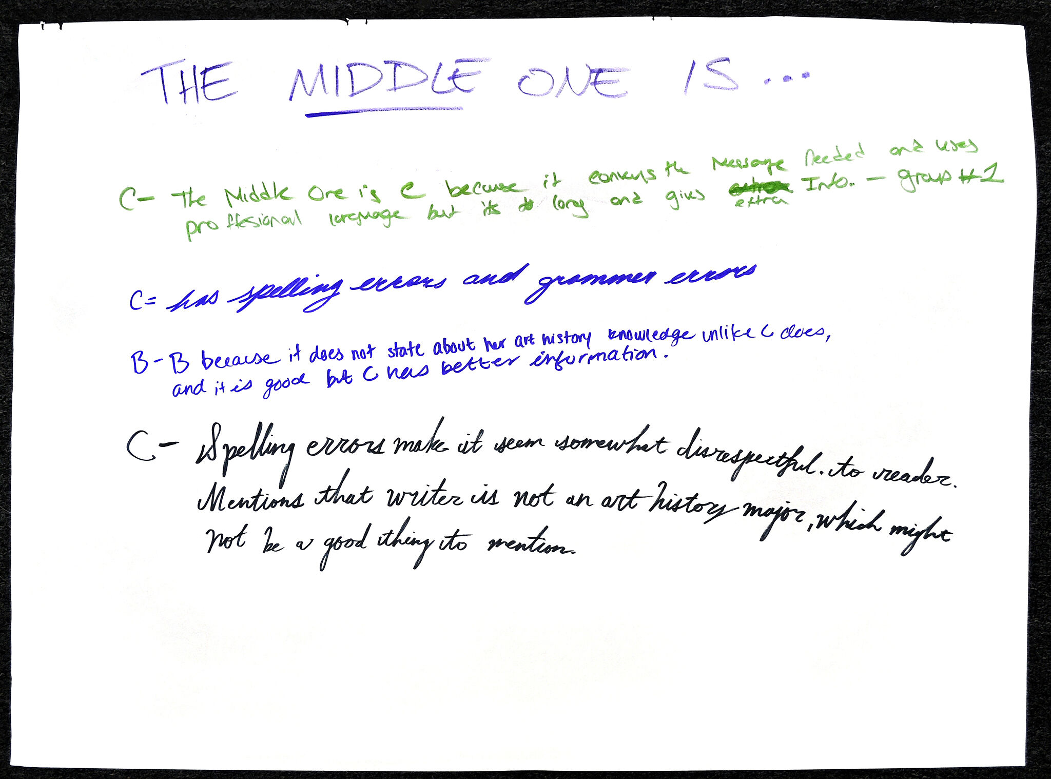 Writing on a whiteboard about middle one