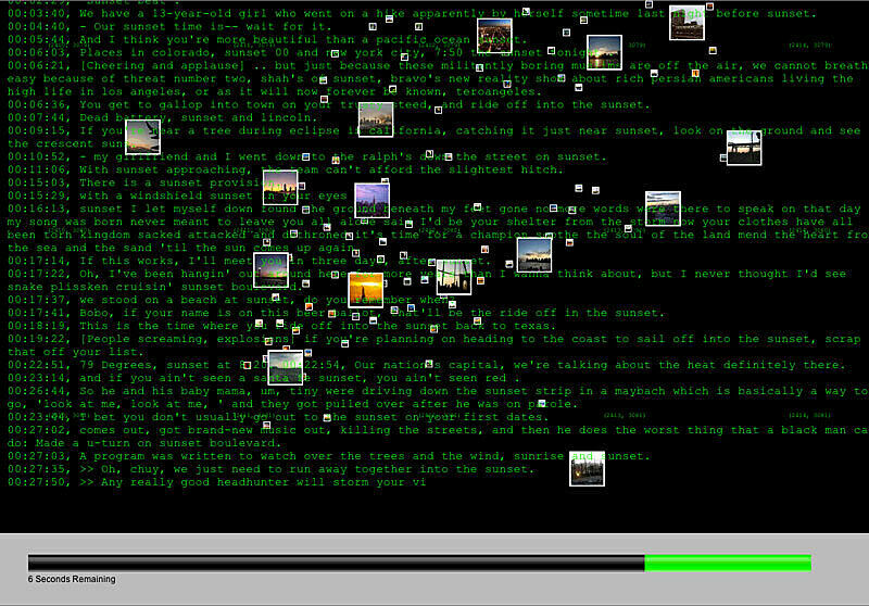 Green text in a black terminal window, with small images scattered over the top and a progress bar with 20 seconds remaining below.