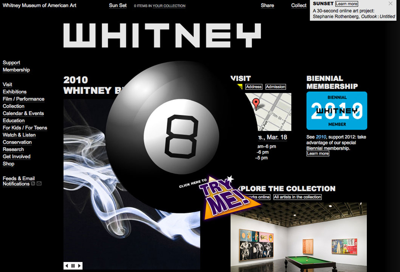 A large 8 ball with a label that says try me overlays the whitney.org homepage, with a black background.