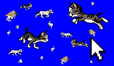 Many cartoon cats and dogs on a rich blue background, with one giant mouse cursor in the bottom right corner.