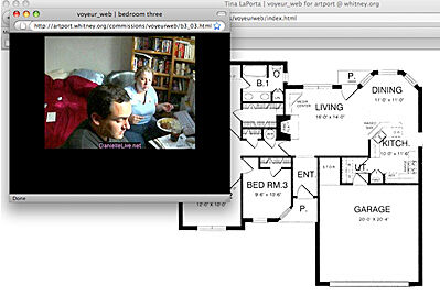Screenshot of two windows on an Apple computer, one smaller in the foreground a webcam image of a man and a woman, and one larger in the background with a floor plan of a house.