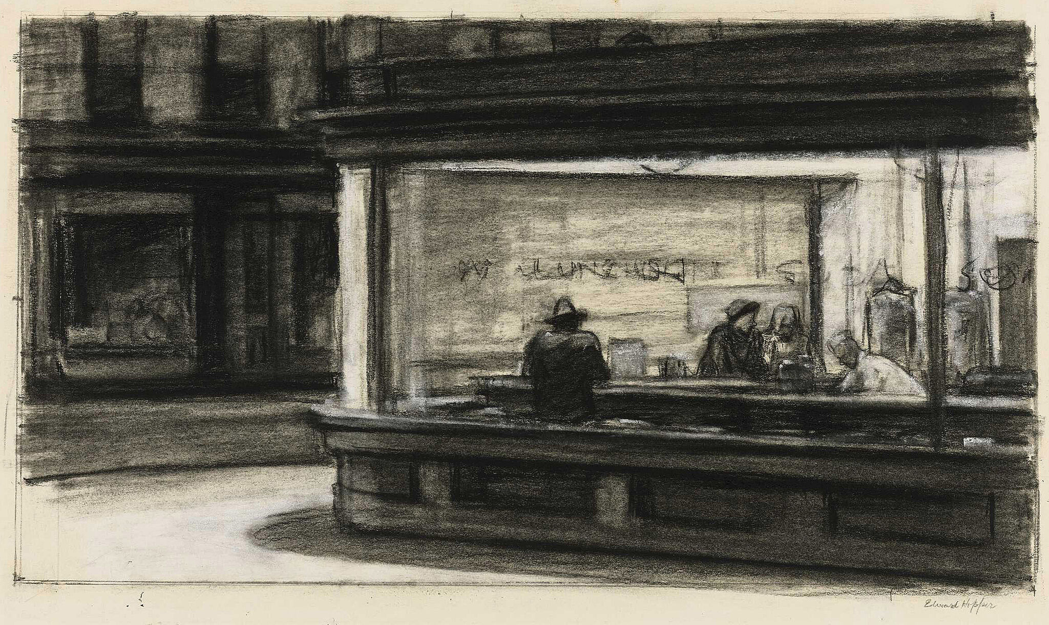 A drawing of a street corner cafe.