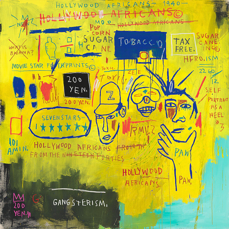 A painting with a yellow background, words written and crossed out, and three faces.