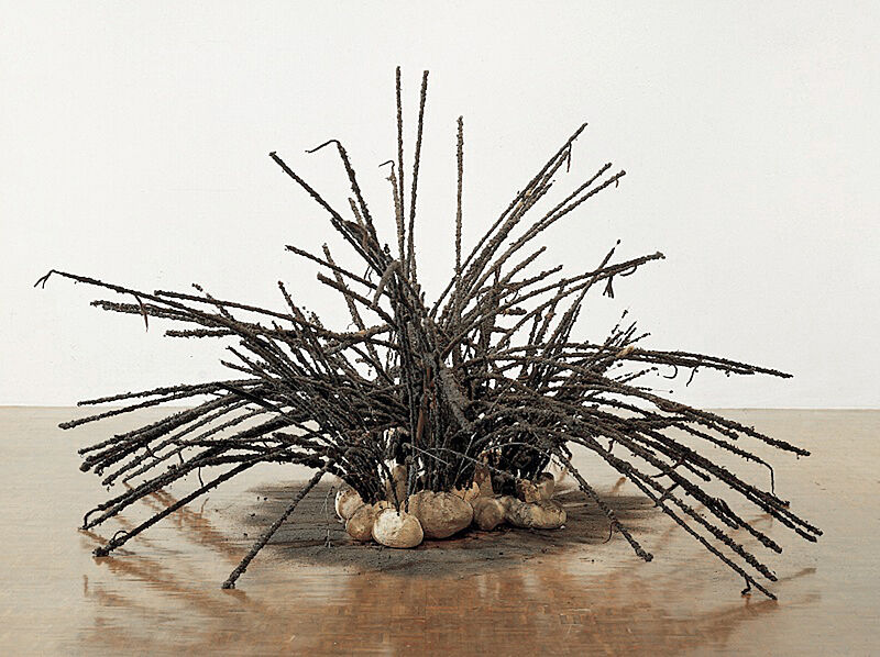 A sculpture of sticks poking out of round objects.