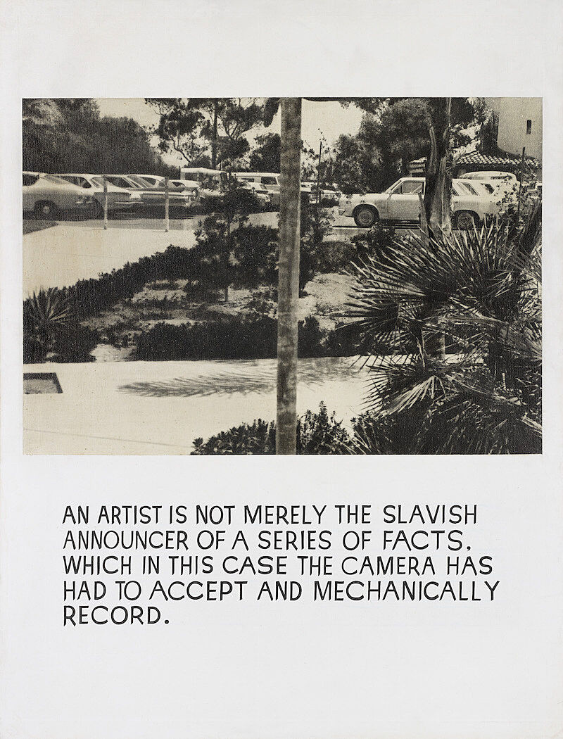 A print of a parking lot over the text "an artist is not merely the slavish announcer of a series of facts. which in this case the camera has had to accept and mechanically record."