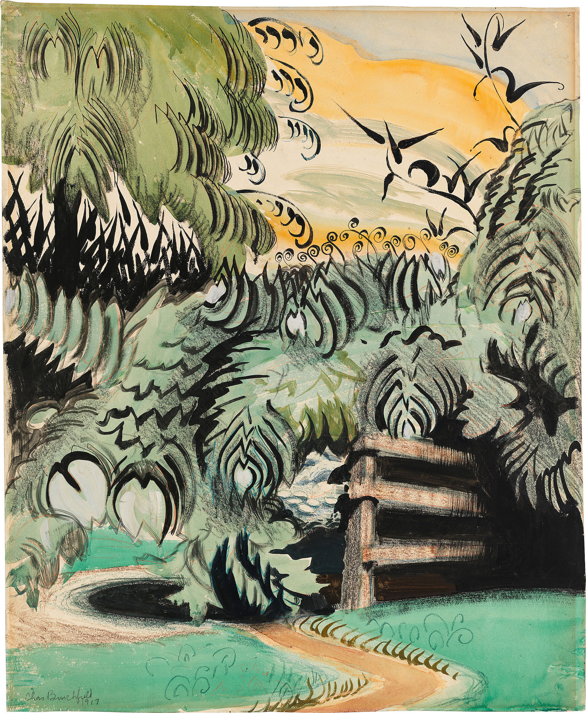 A painting of a jungle landscape with a fence and a path.