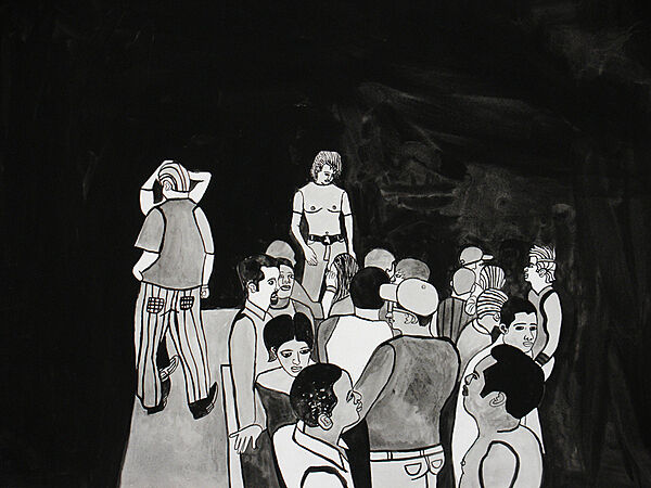 A drawing of a group of people standing in a black space.