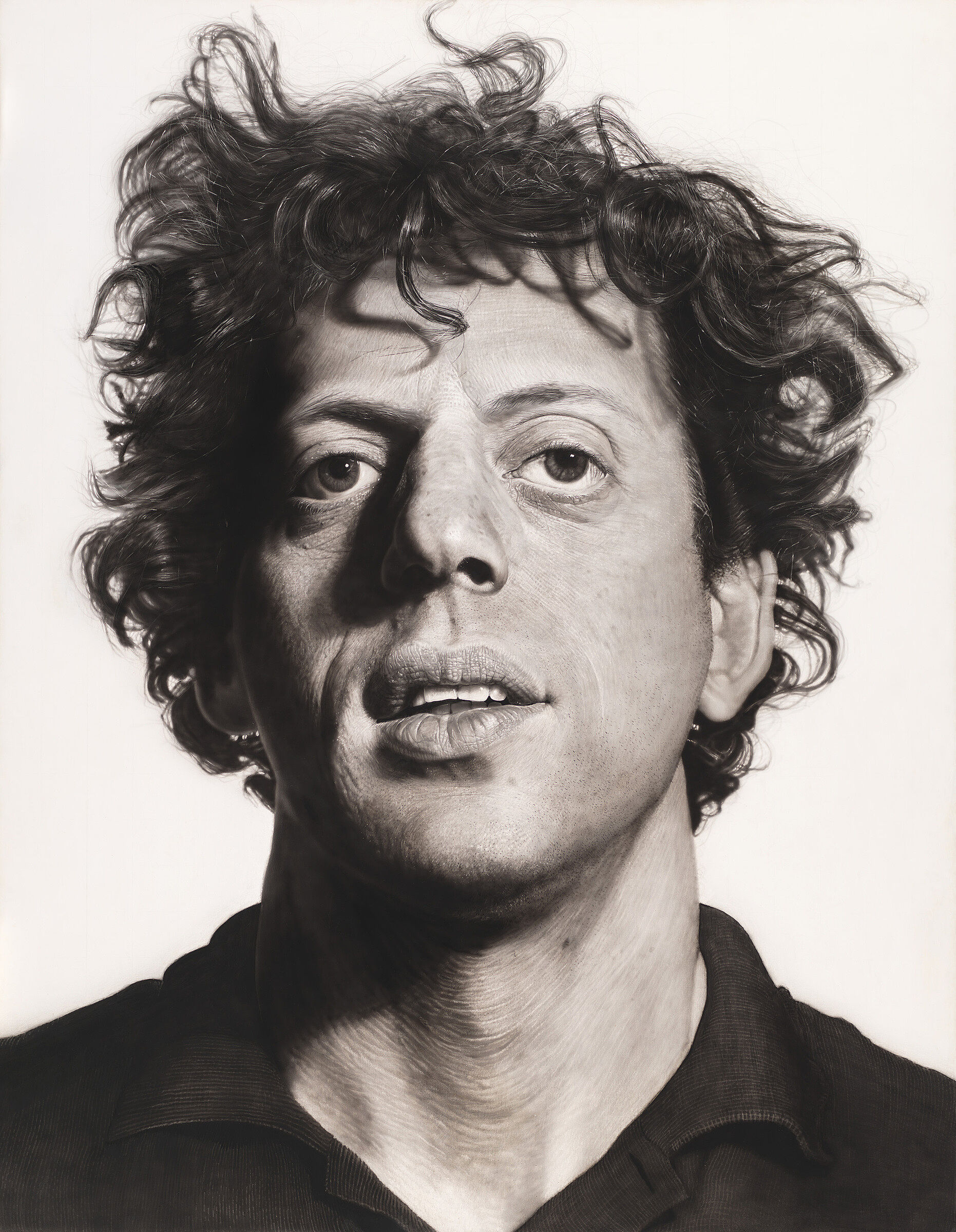 A portrait drawing of Philip Glass.