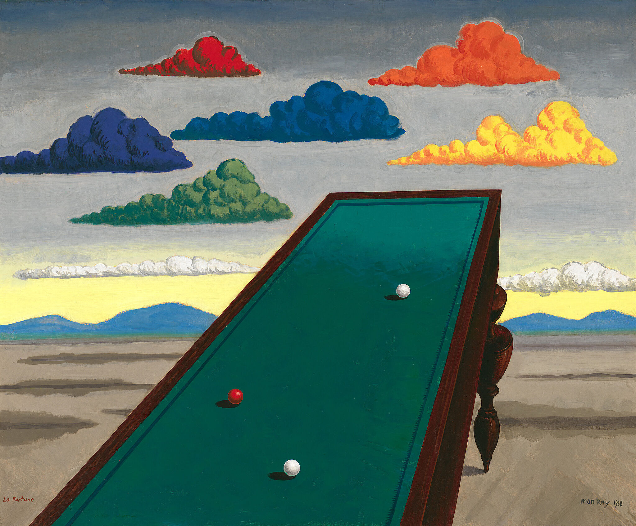 A billiards table sits in the desert angled towards a sky filled with with clouds of starkly different colors. There is a blue mountain range in the distance.