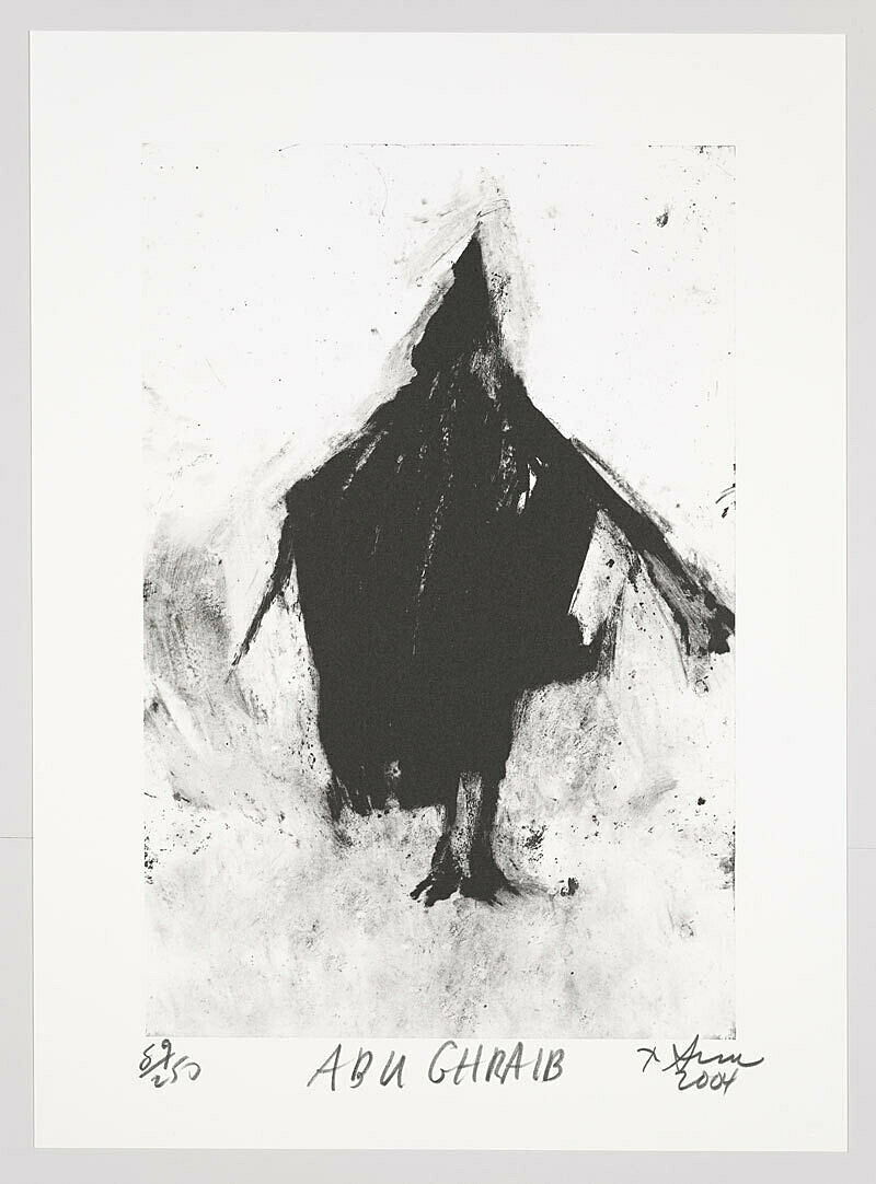 A lithograph of a hooded silhouette with the text "Abu Ghraib"