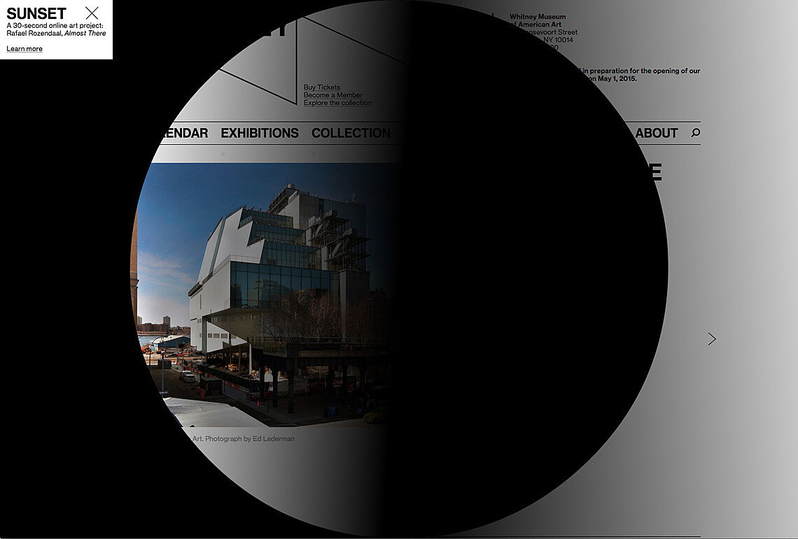 Black covers half of a screen in a gradient over the whitney.org homepage from left to right, with a circle in the center containing the same kind of gradient going the opposite direction from right to left, leaving the impression of a cutout.