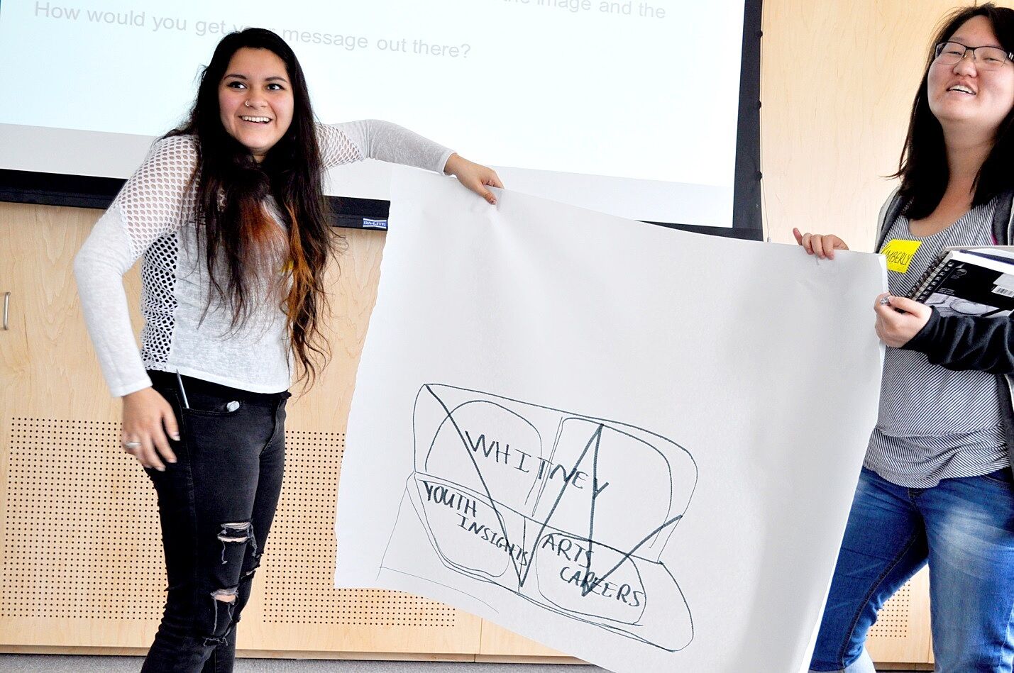 Two teens show off their Whitney logo ideas on a poster.