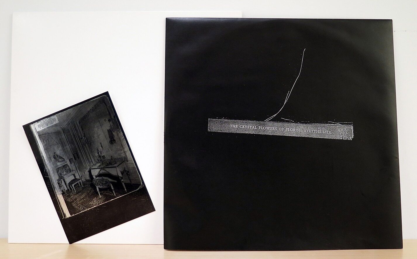 A black vinyl record jacket is shown with its insert to the left of it.