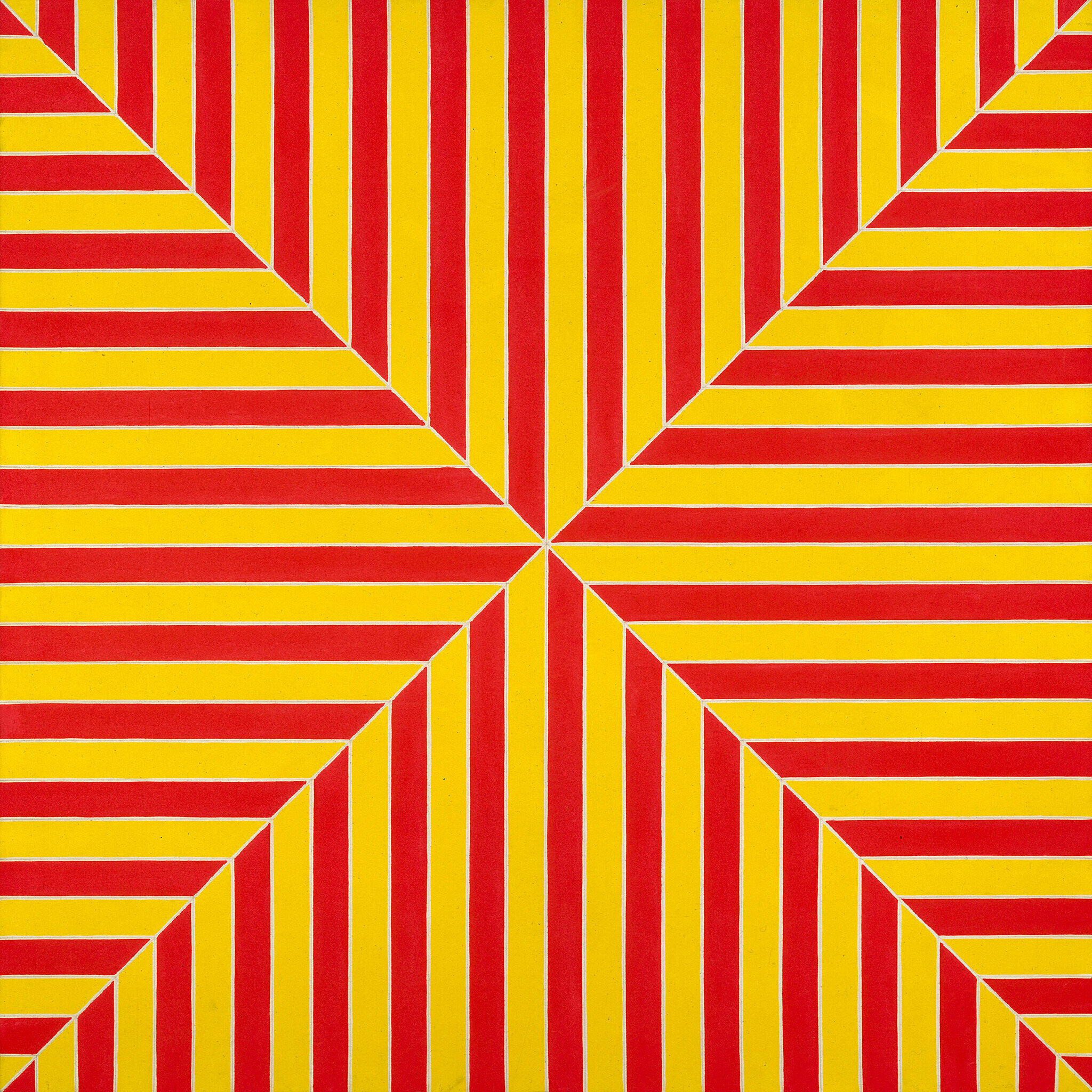 Geometric pattern with red and yellow diagonal stripes forming an X shape on a square canvas.