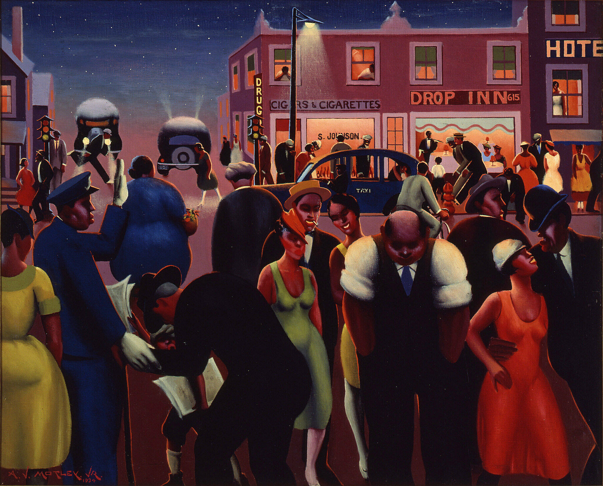 A painitng of people standing on a busy street in the evening.