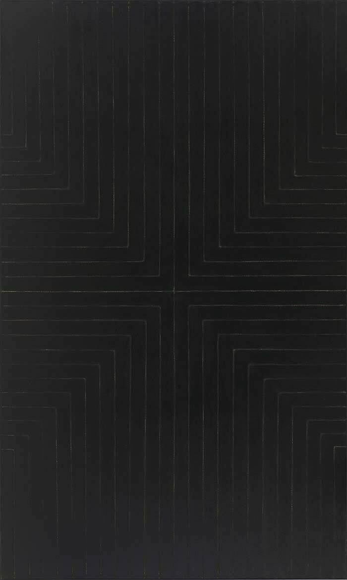 An artwork with straight white lines on a black background.