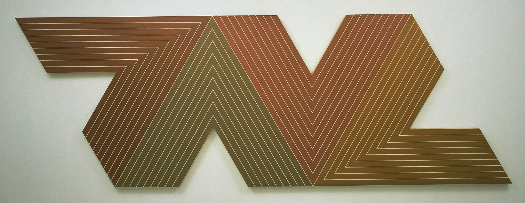 An angular-shaped canvas with white lines painted over red.