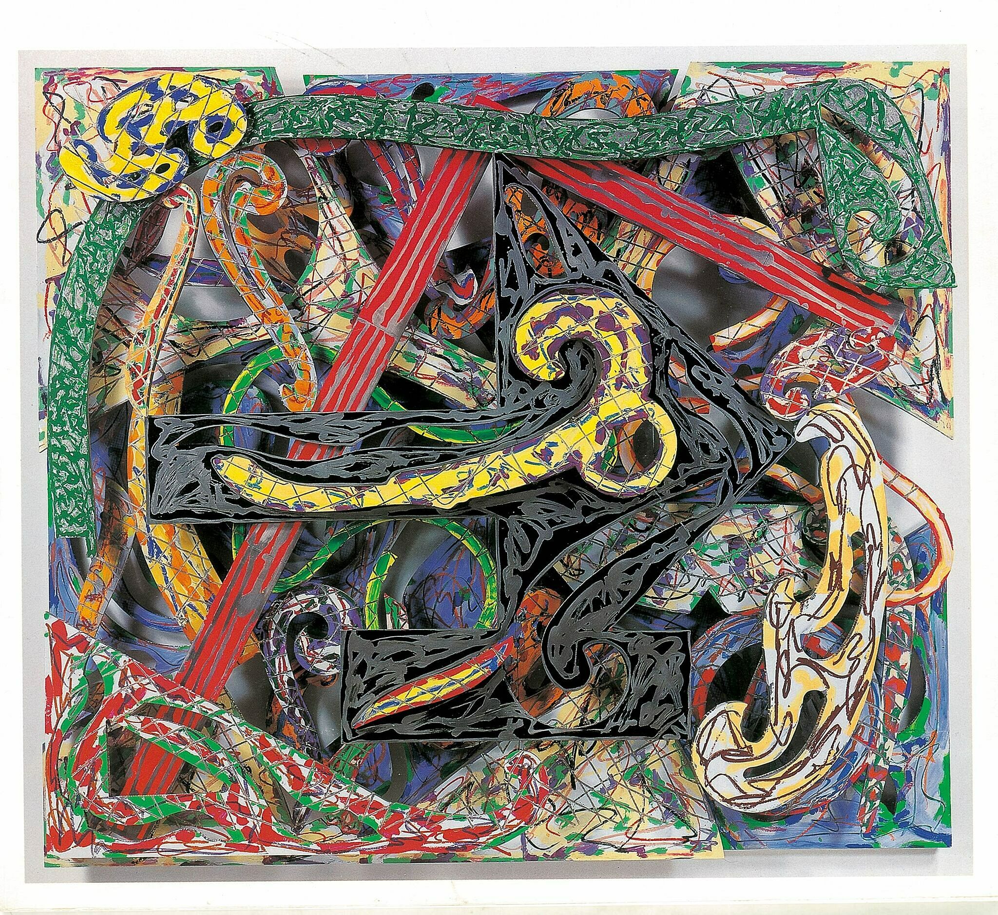 A mixed media artwork with geometric shapes and scribbly lines.