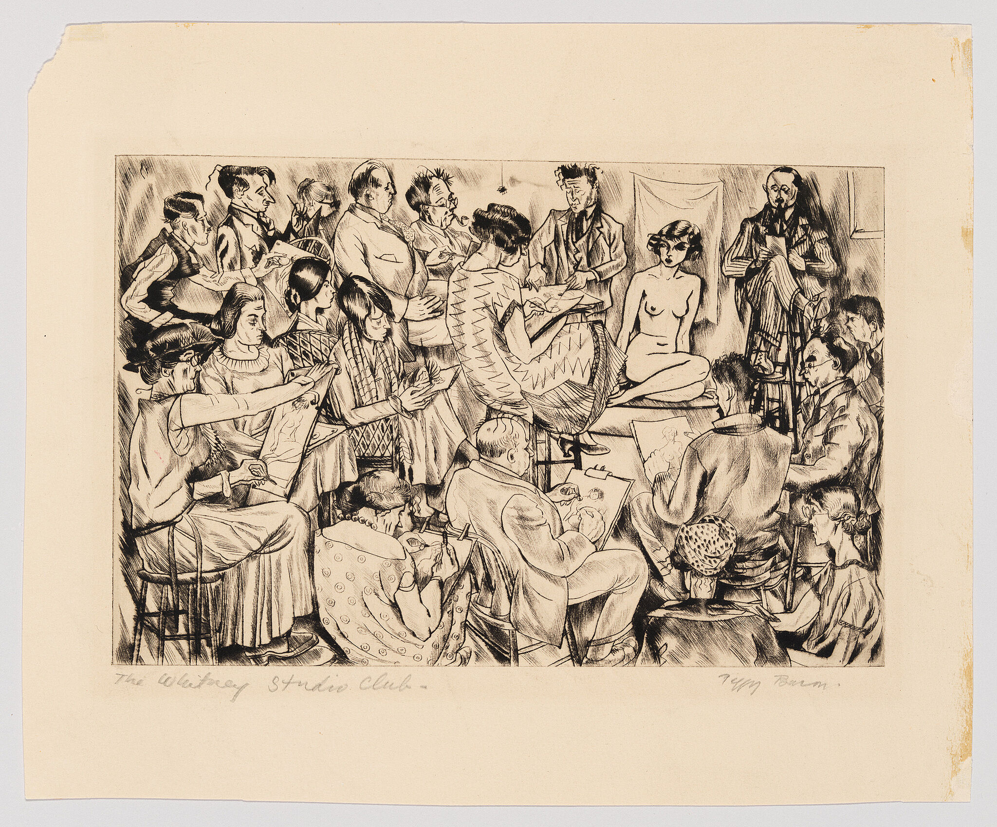 A drawing depicting a sketch class from the 1920s at the Whitney Studio Club.