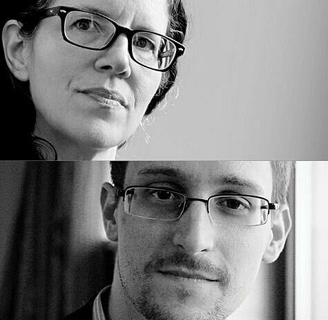Black and white diptych of Laura Poitras and Edward Snowden, each looking towards the camera and wearing glasses.