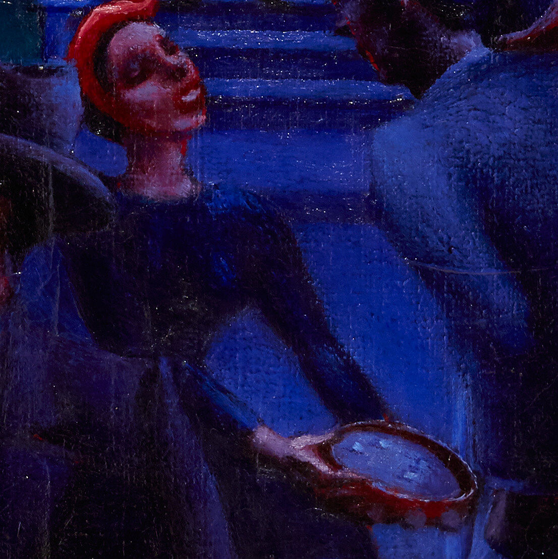 Figure with bonnet and tambourine portrayed in Archibald John Motley, Jr., (1891–1981), Gettin’ Religion, 1948. Oil on canvas