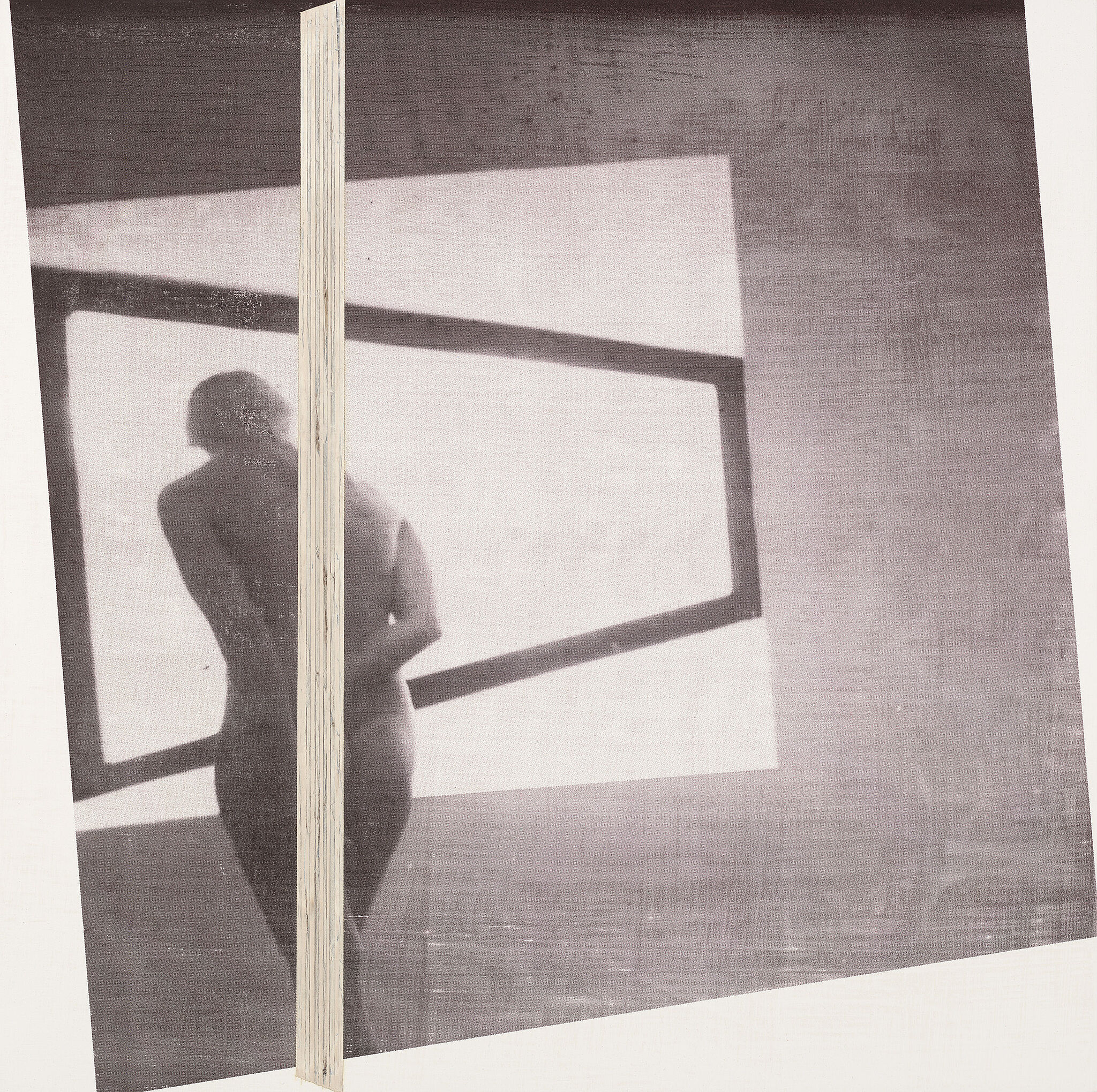 A grayscale image of a person standing with their back to the camera, partially obscured by a vertical wooden plank, with geometric shapes in the background.