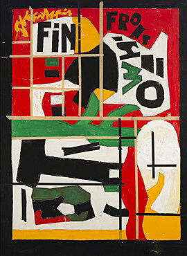 A painting of various shapes and the text "Fin"