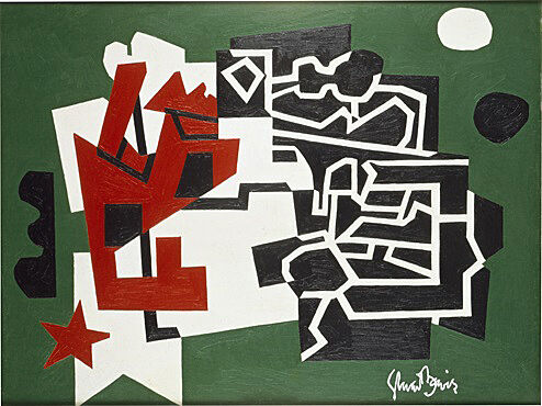 An abstract painting of green, white, and black shapes.