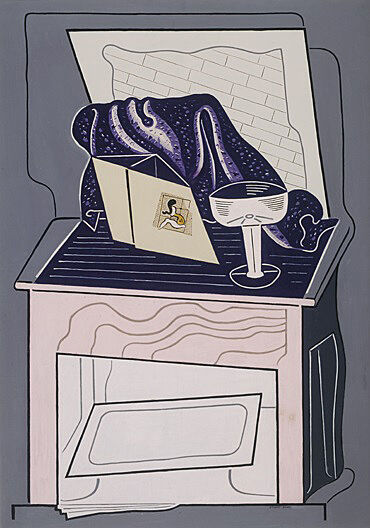 A painting of a cartoonish nightstand with a photo and a glass on top.
