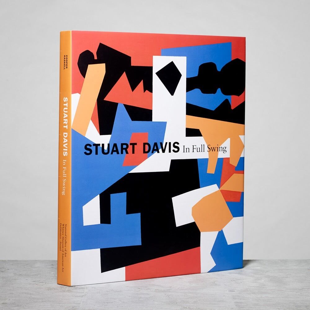 Bold abstract book cover with colorful geometric shapes and the title "Stuart Davis In Full Swing."