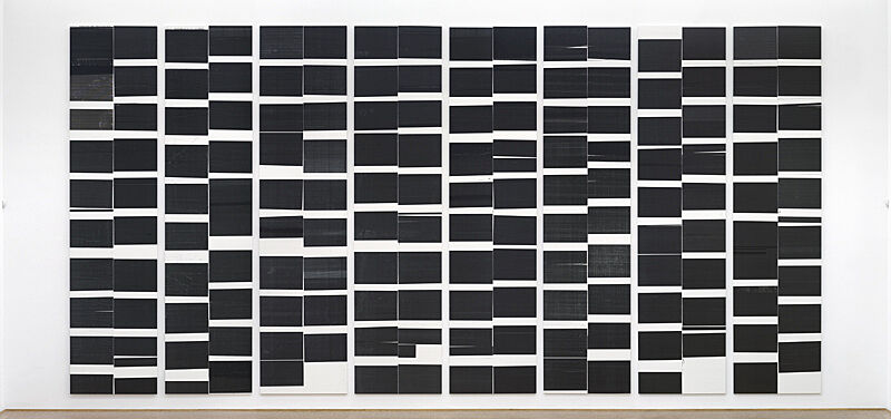 Eight panels of black inkjet prints by Wade Guyton. Each panel consists of black rectangles in a grid pattern.