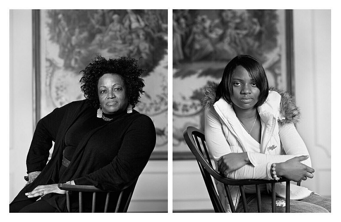 Two black and white portraits by Dawoud Bey of two woman sitting in chairs.