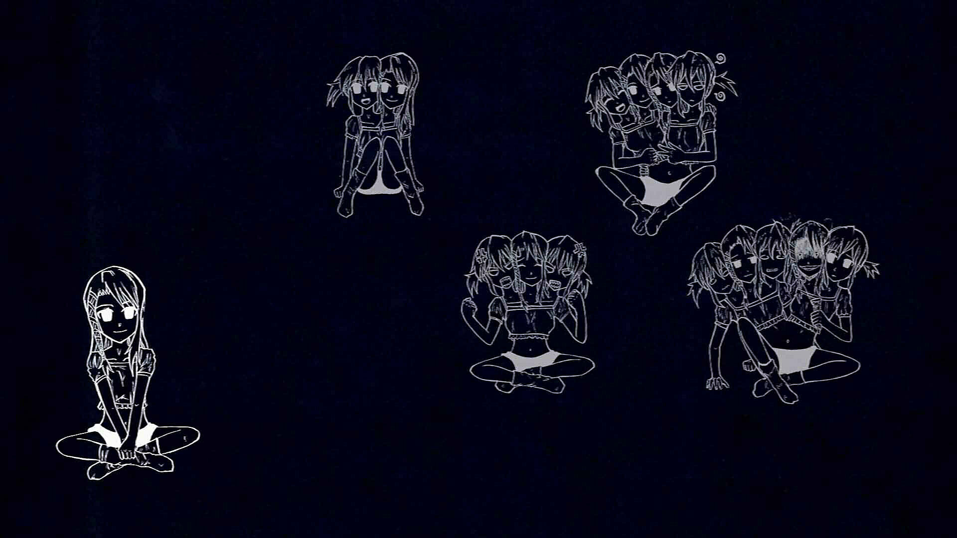 A still from a video work by Andrea Crespo. Cartoon figures outlined in white on a black ground.