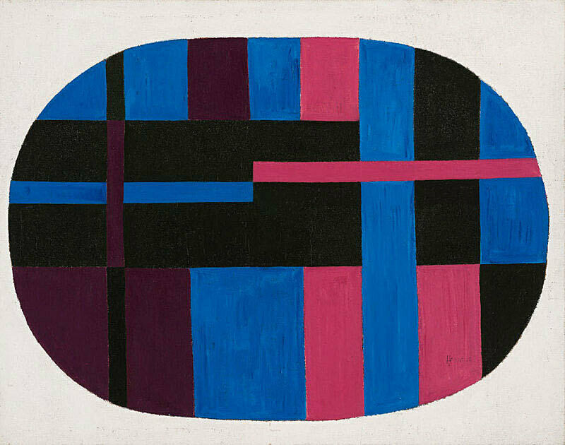 A work by Carmen Herrera. An abstract oval situated 
