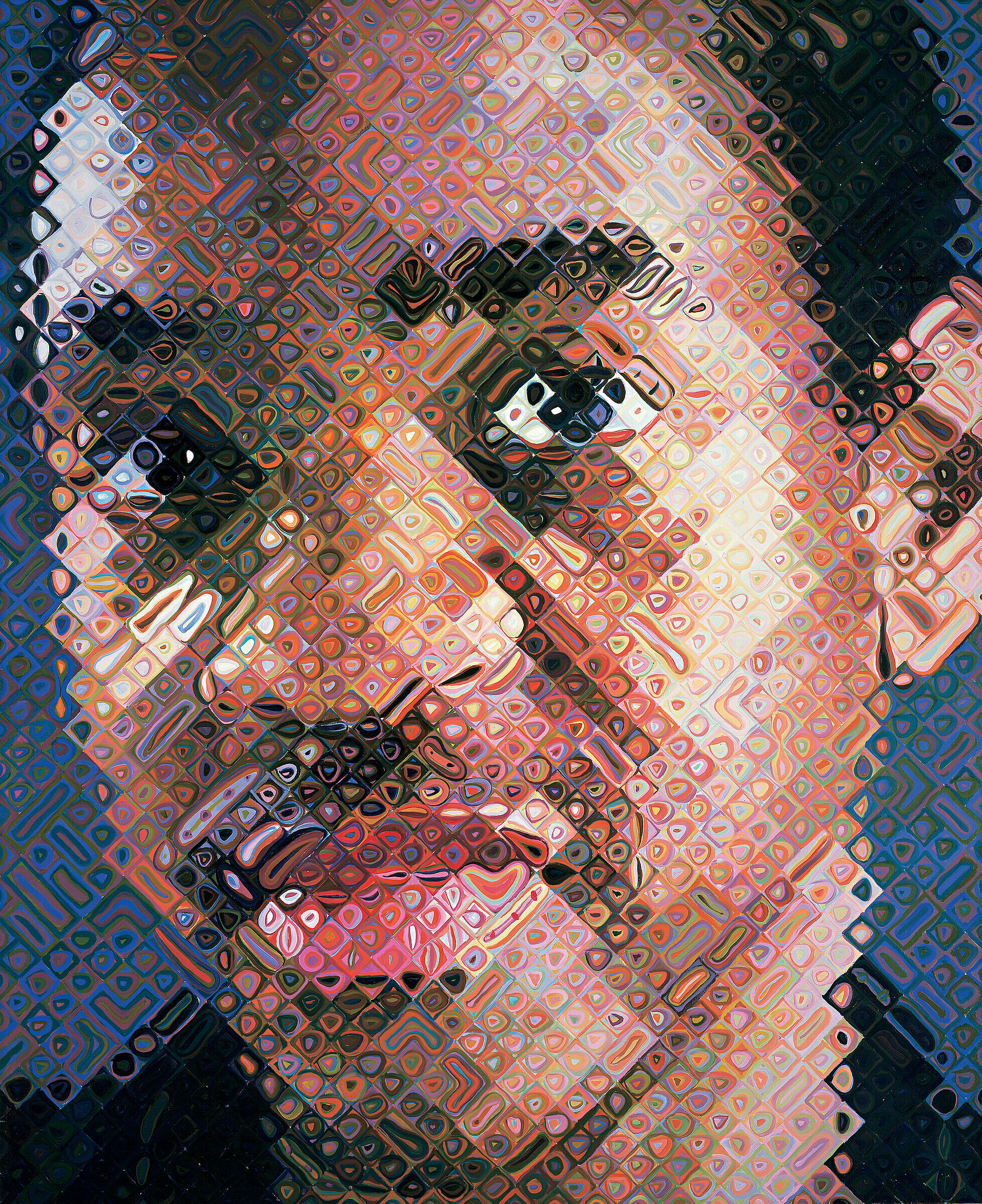 A work by Chuck Close. The face of artist Lyle Ashton Harris depicted in pixelated detail