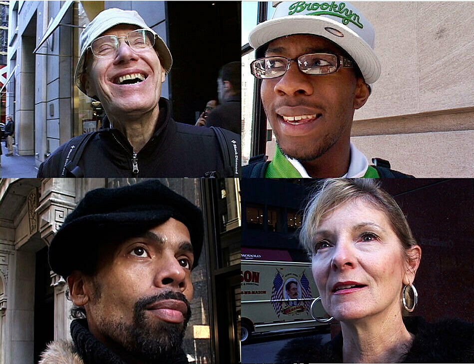 Stills of interview subjects looking to the sky. Captured from a film documentary by Shelly Silver
