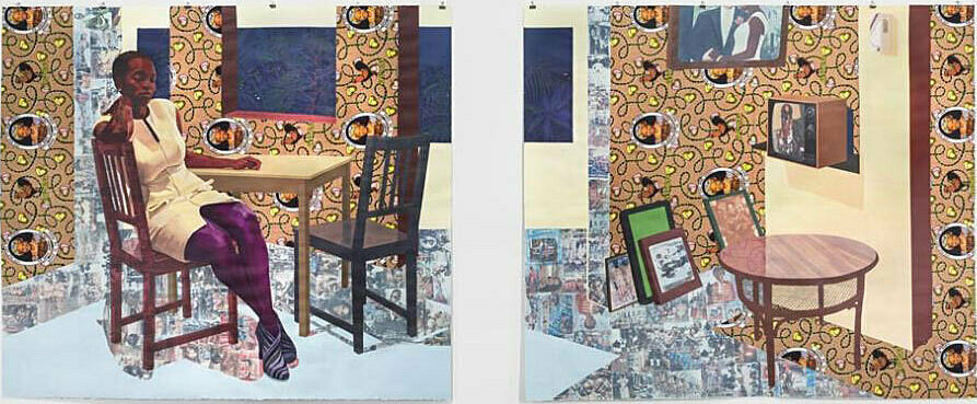 A collage of a woman sitting at a table next to a collage of an empty table with portraits on the wall in the background.