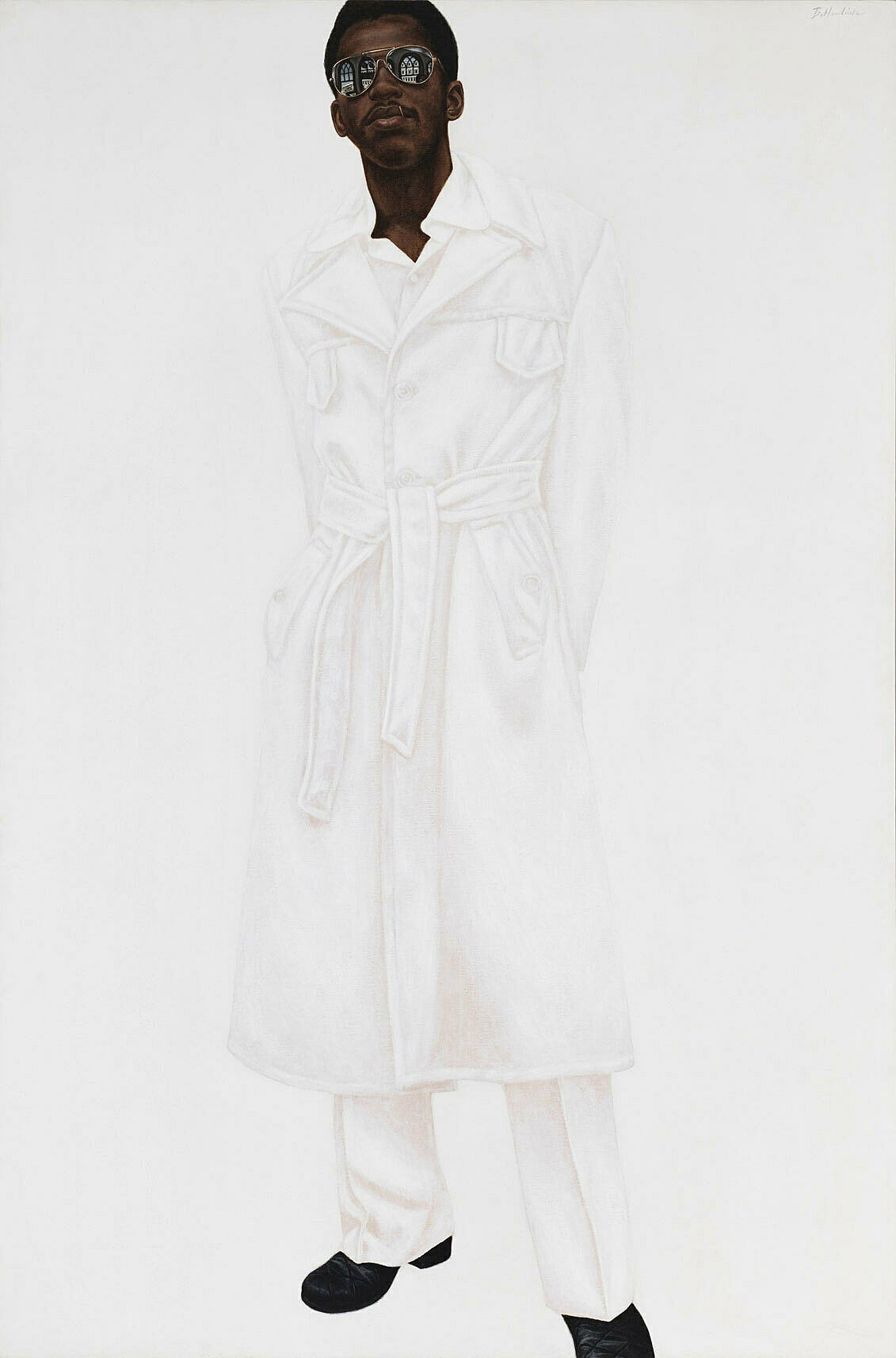 A work by Barkley Hendricks. A portrait of a man dressed head-to-toe in a suit wearing sunglasses