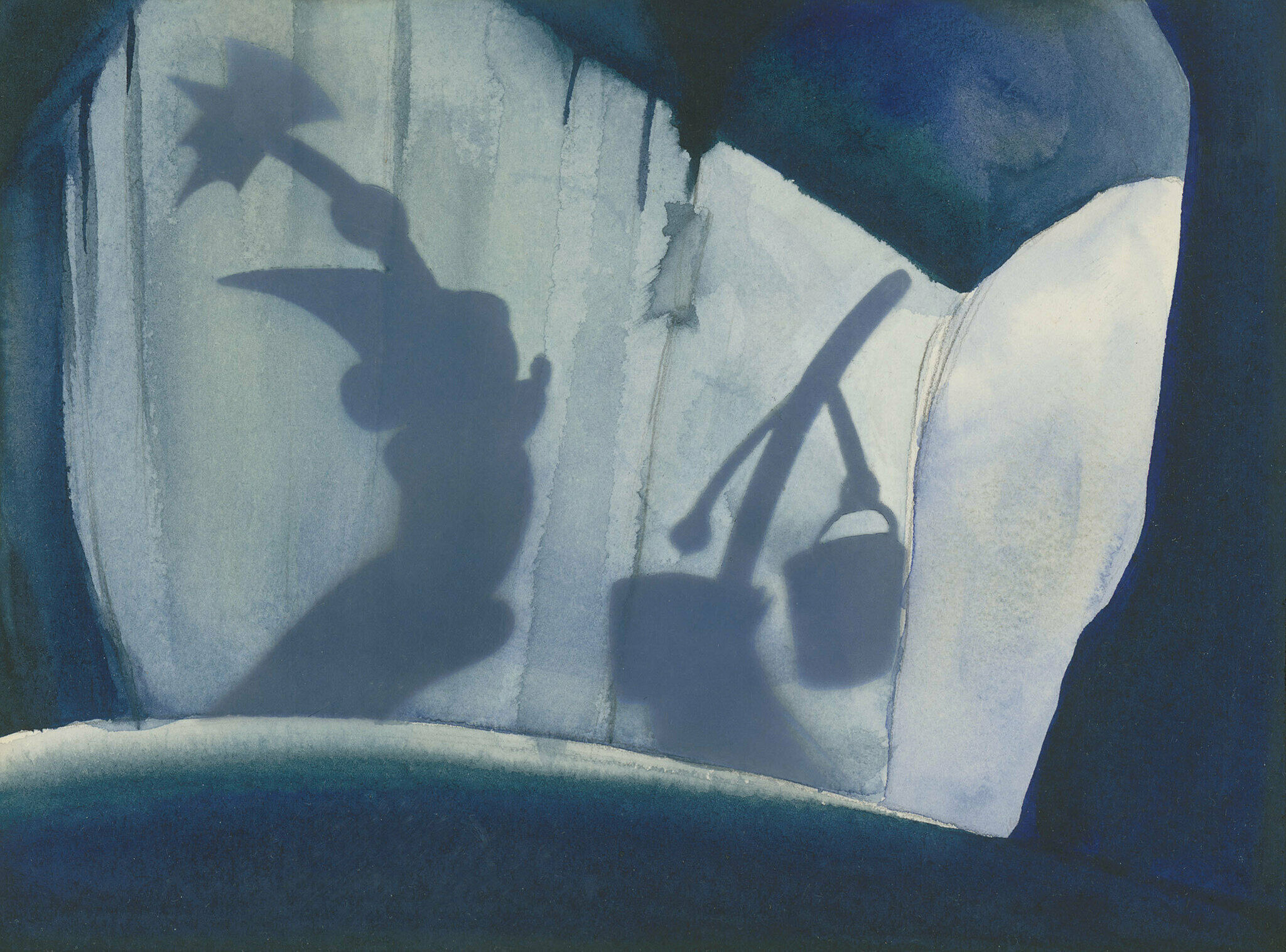 A watercolor of a sketch from the film Fantasia. Mickey Mouse and a walking broom are seen in shadow