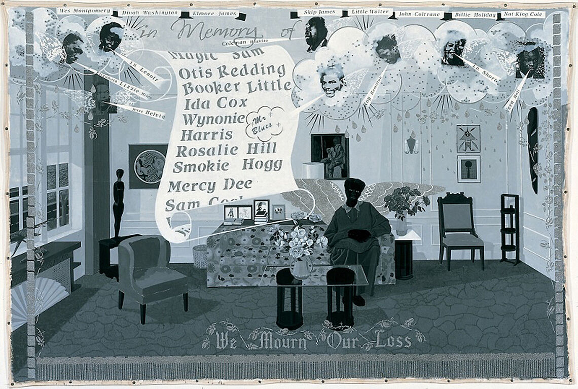 A work by Kerry James Marshall. A figure sits in a domestic room surrounded by the faces of cultural and political pioneers of the 1950s