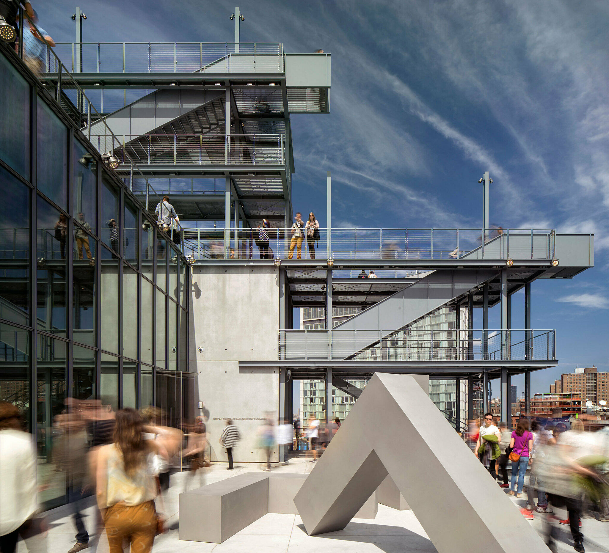 Angular sculptures on the outdoor galleries.