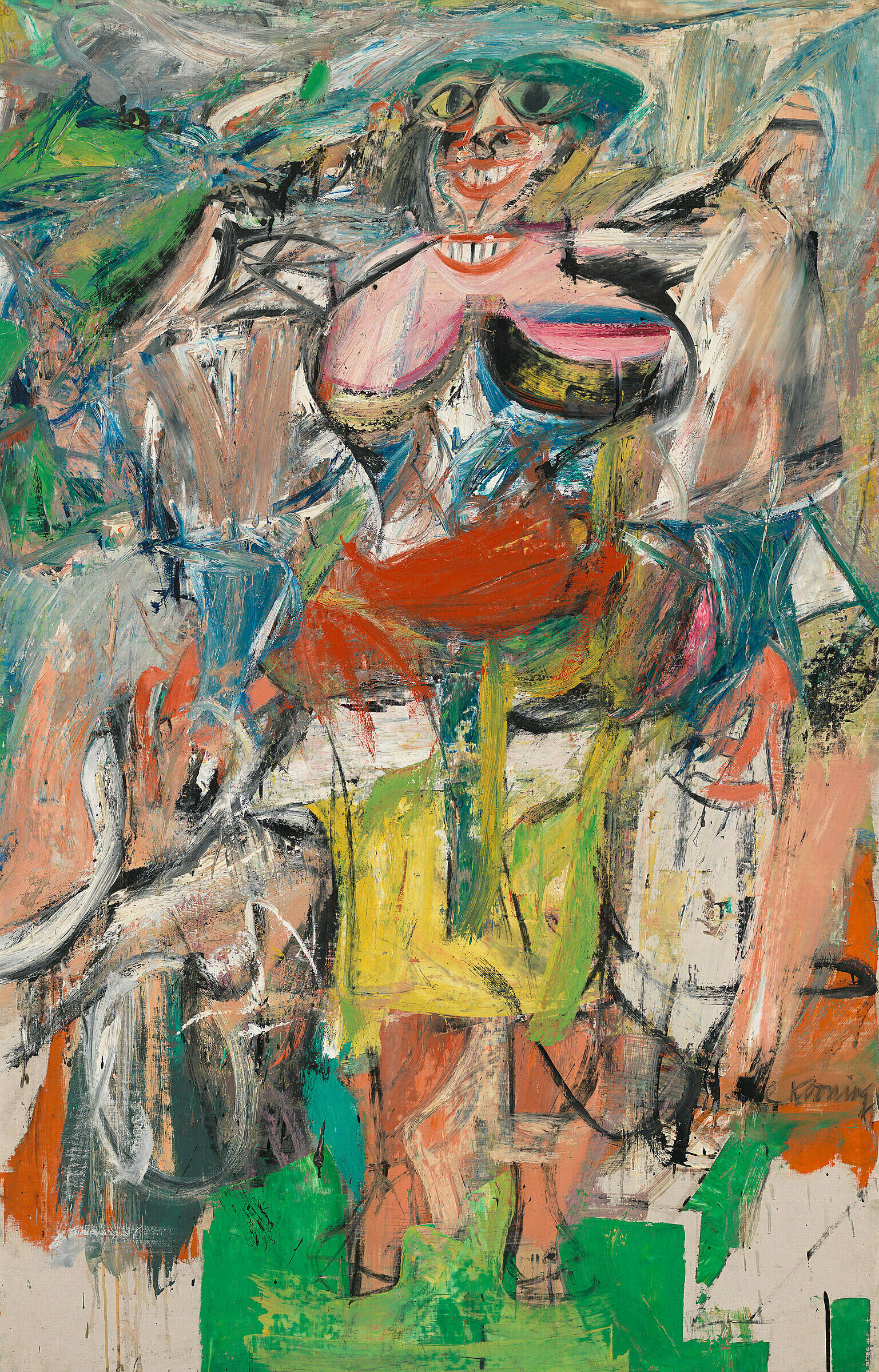 A work by Willem de Kooning. An abstract painting of a woman with a bicycle depicted in vivid colors