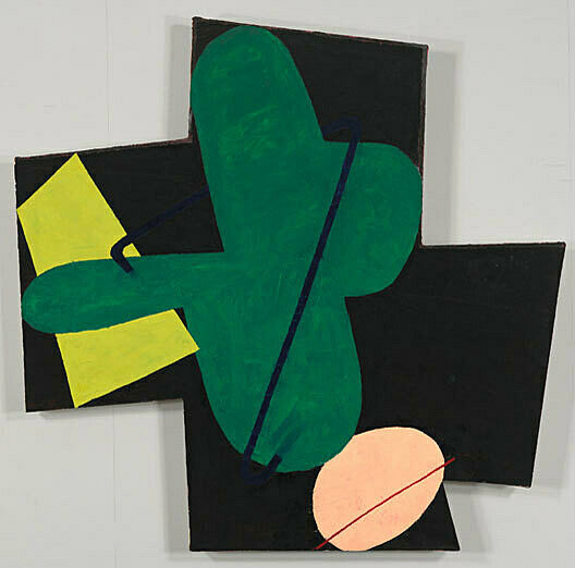 An asymmetrical painting with angular shapes.