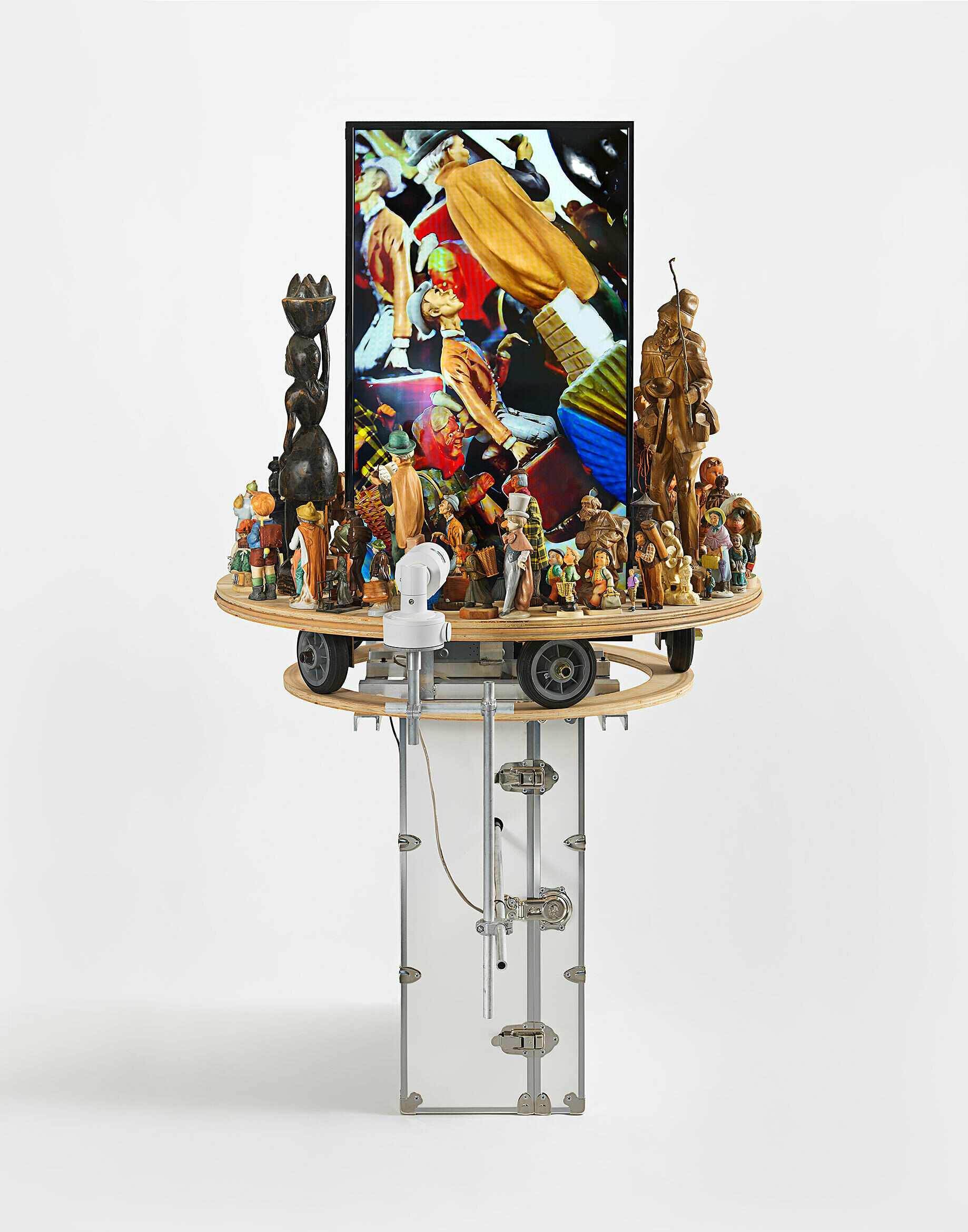 Mixed media piece with various objects and LCD screen