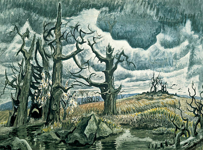 watercolor painting of stormy sky and dead trees