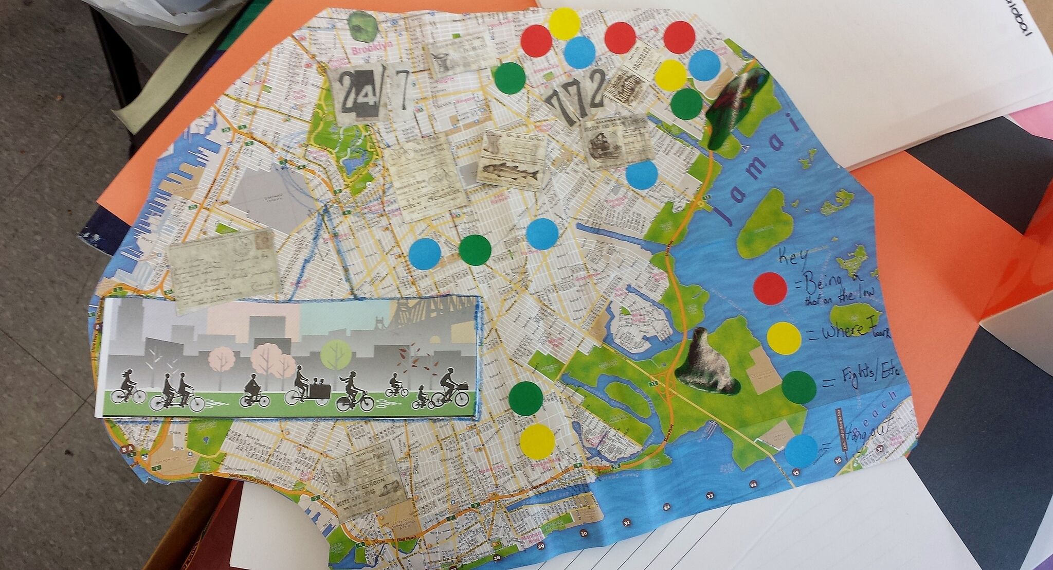 Map with stickers and collage.