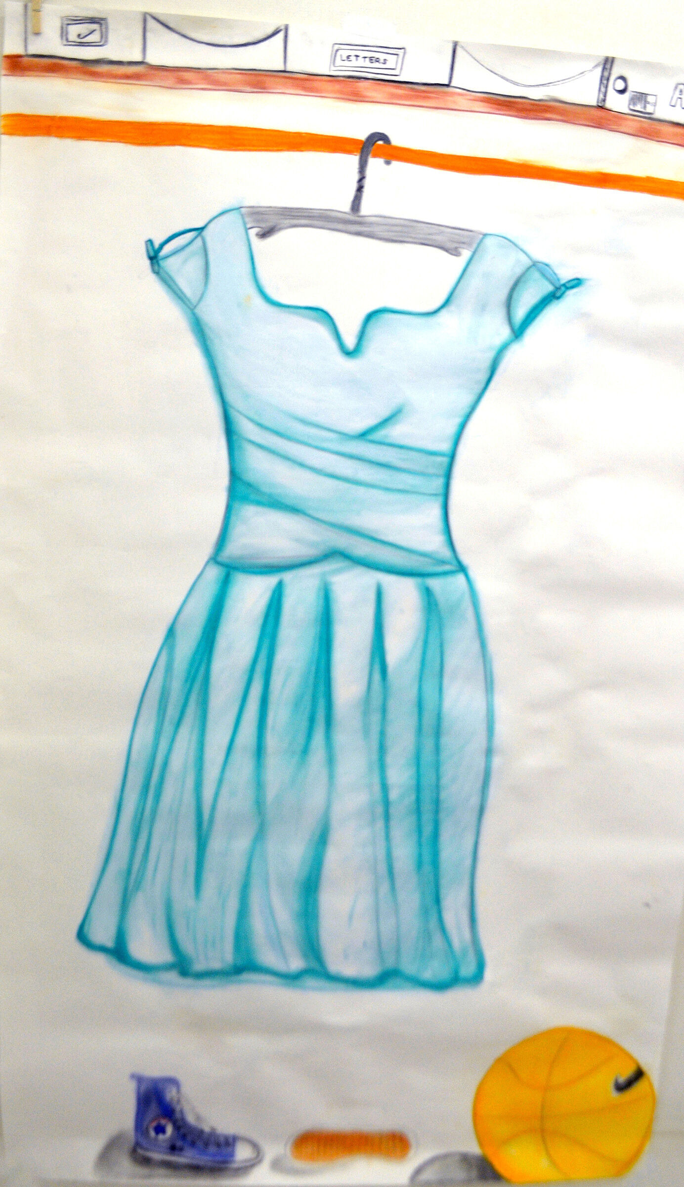 A drawing of a teal dress on a hanger, with sneakers and a basketball below.