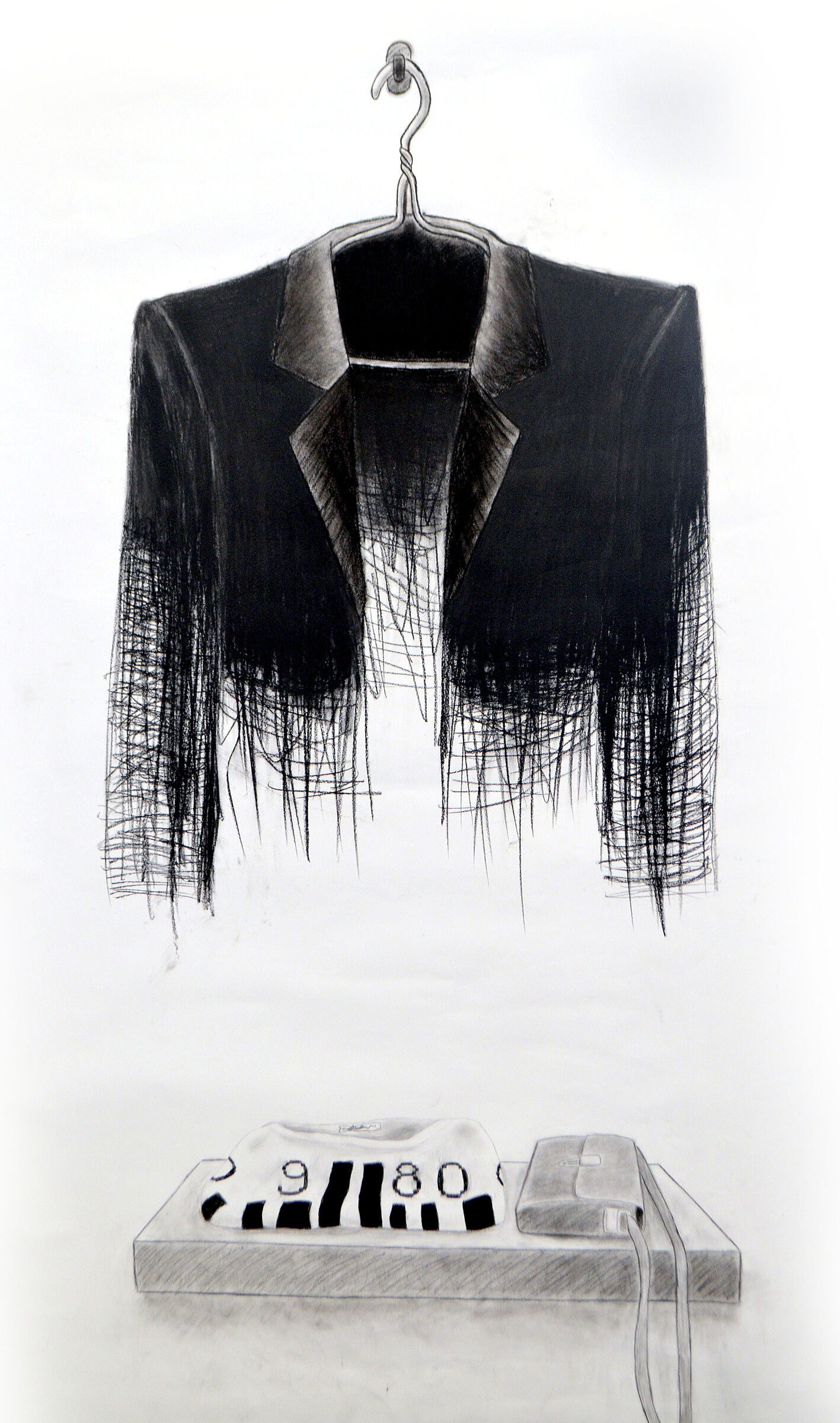 A drawing of a suit jacket on a hanger.