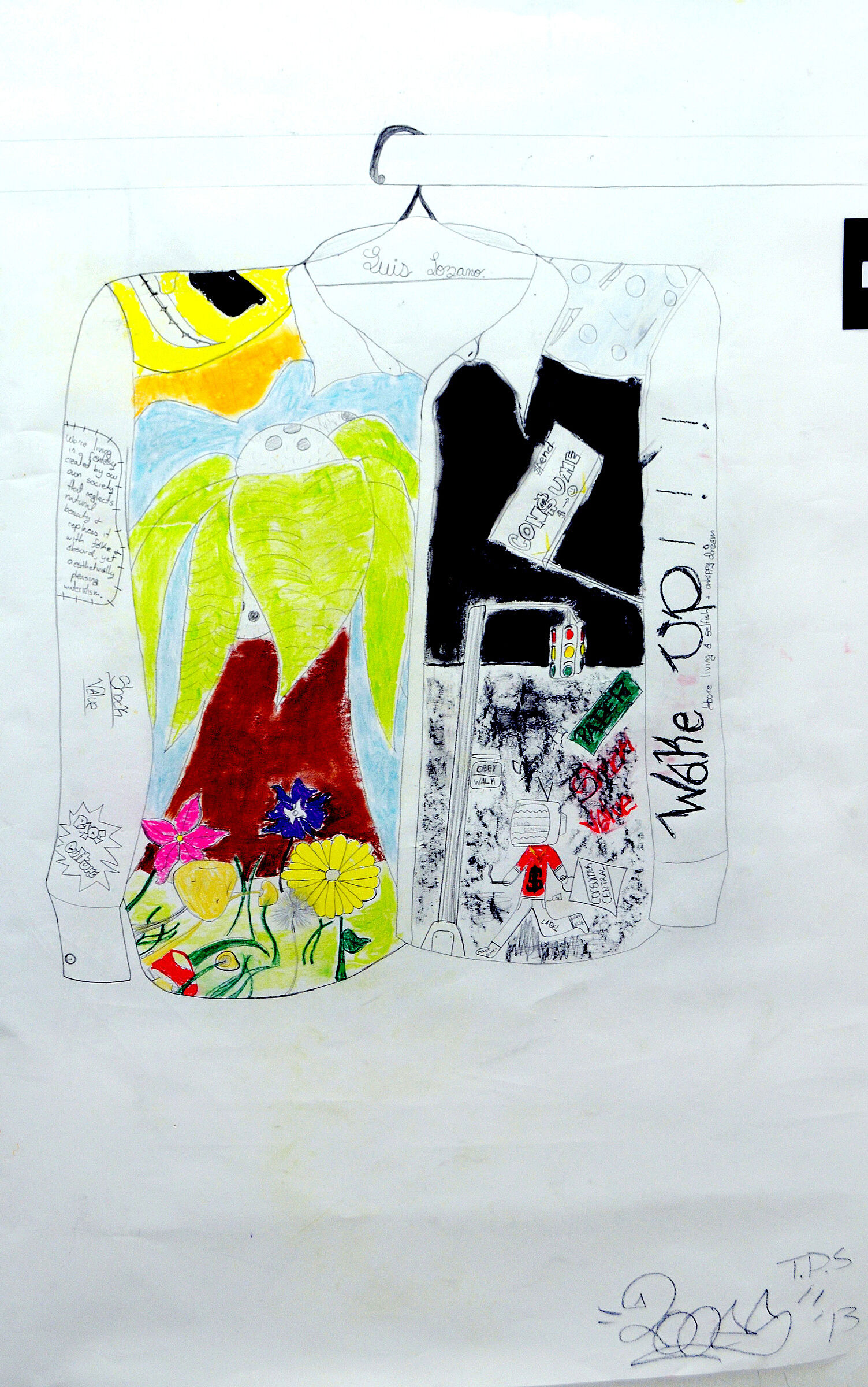 A drawing of a jacket with artwork on it.