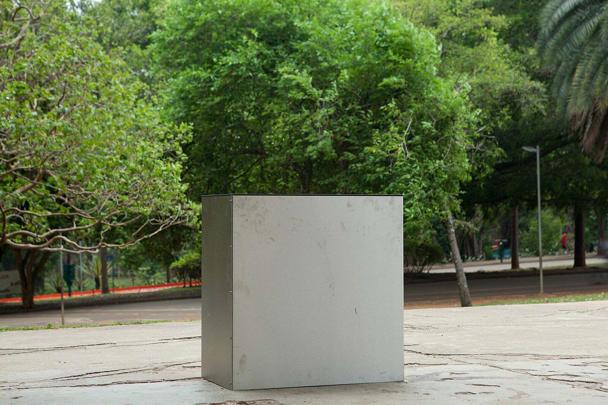 Cube-shaped steel sculpture